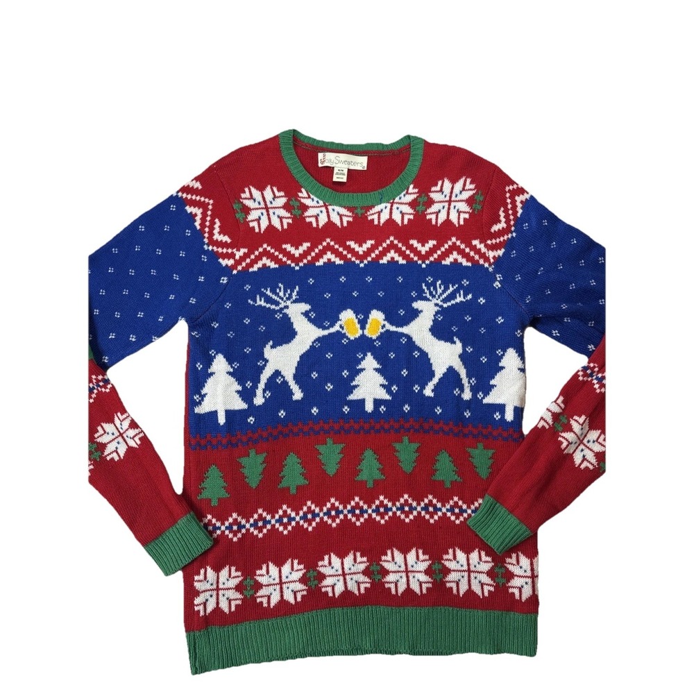 Jolly Sweaters Ugly Funny Christmas Sweater Deer Cheers Beer Men SZ Med Red/Grn‎